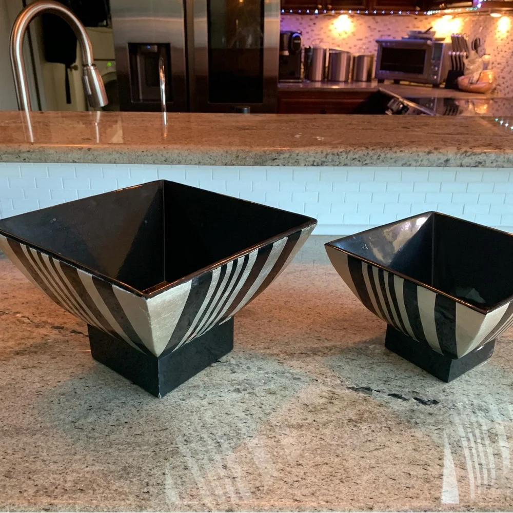 Mid-Century Modern Hand-Painted Wooden Pedestal Bowls- Black & Silver (Set of 2)